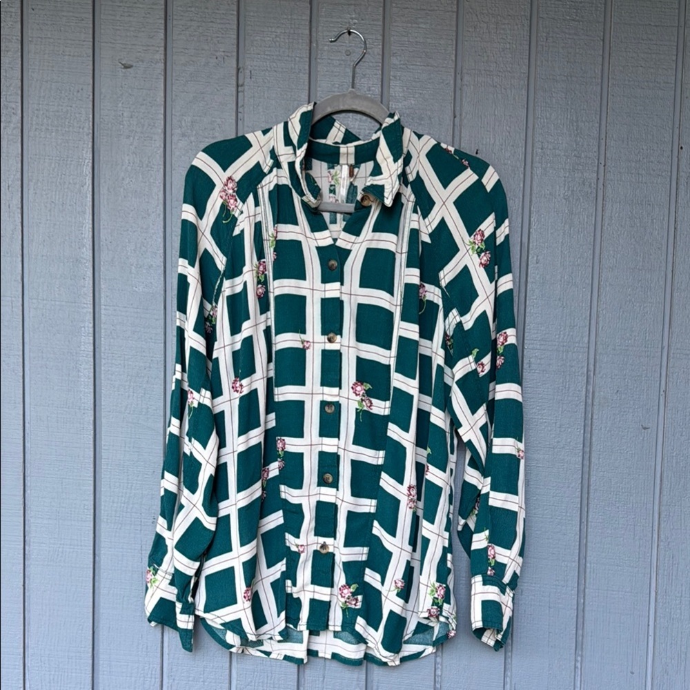 Free People Green and White Button Down Shirt